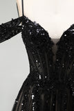Sparkly Black Corset Sequins Cold Shoulder Beaded A Line Long Prom Dress with Slit