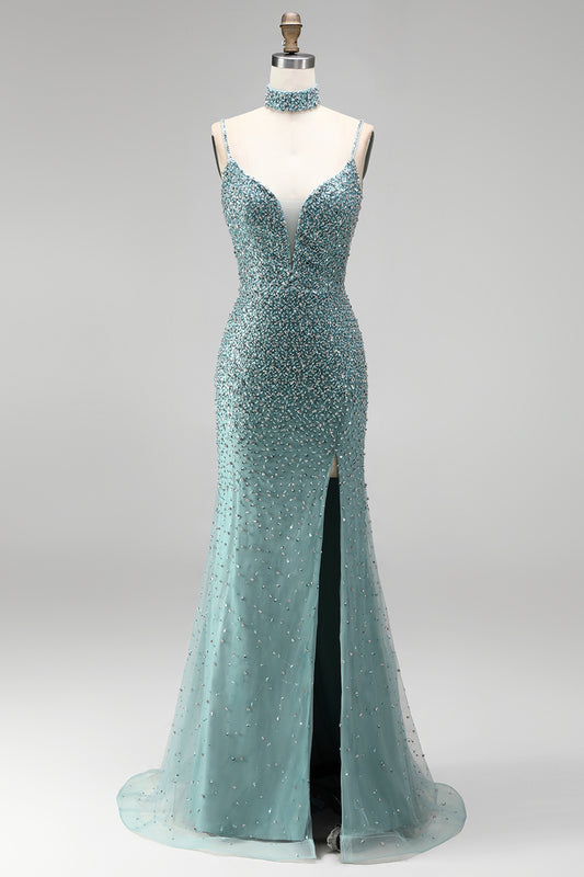 Sparkly Grey Green V-Neck Beaded Mermaid Long Prom Dress with Slit