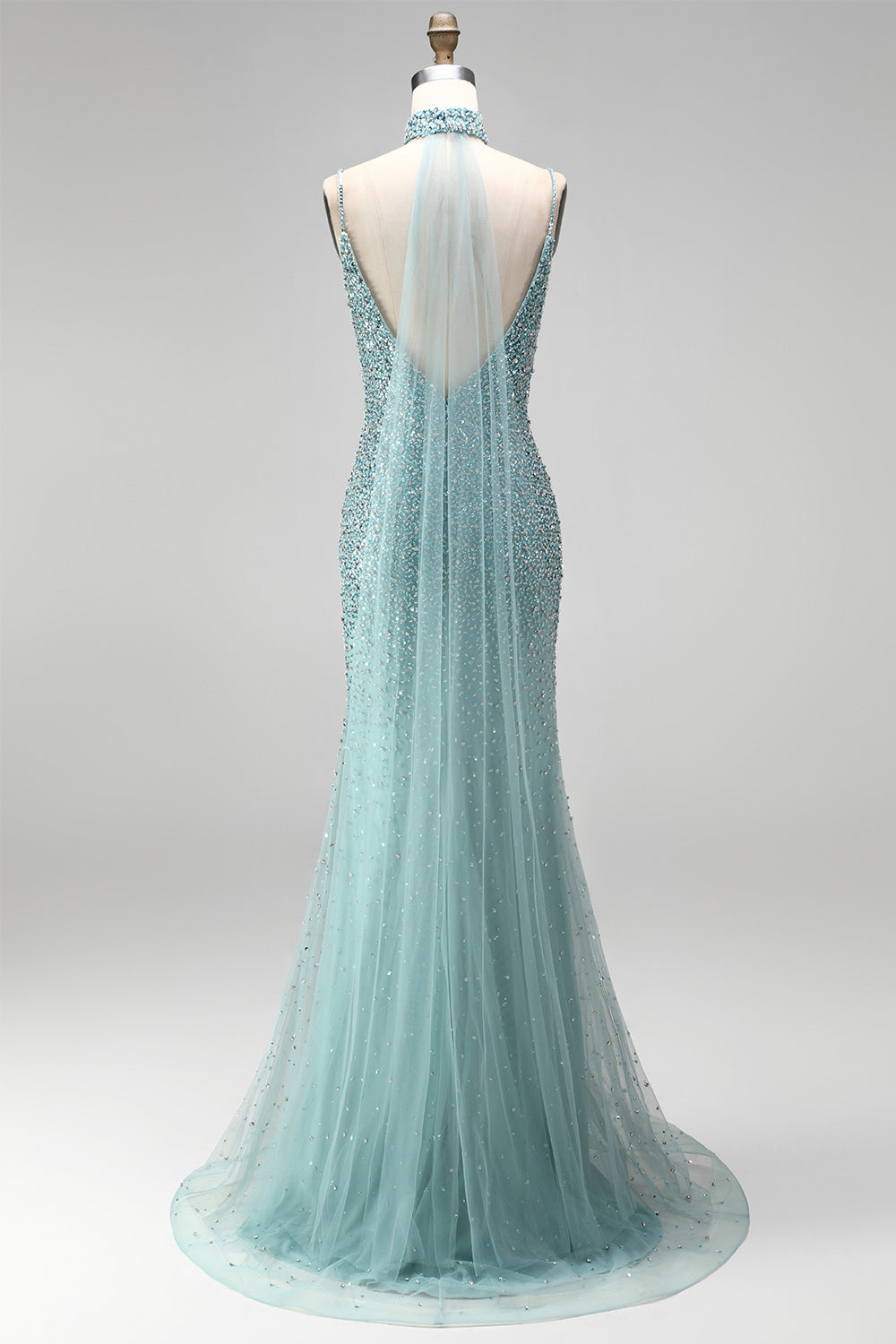 Sparkly Grey Green V-Neck Beaded Mermaid Long Prom Dress with Slit