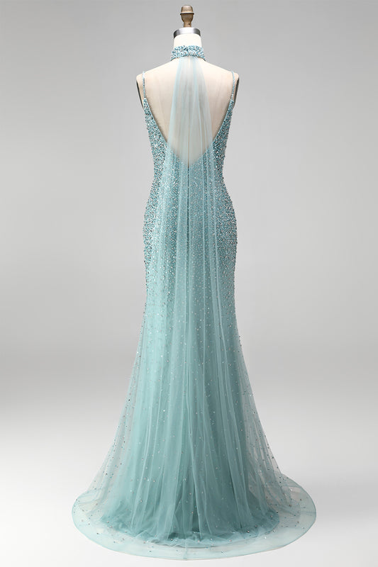 Sparkly Grey Green V-Neck Beaded Mermaid Long Prom Dress with Slit