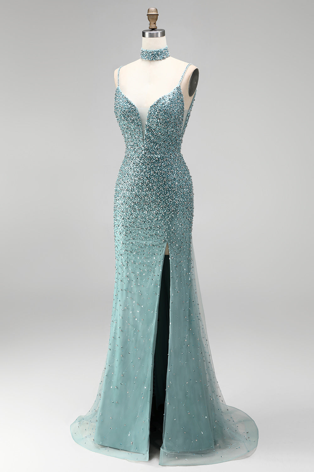 Sparkly Grey Green V-Neck Beaded Mermaid Long Prom Dress with Slit