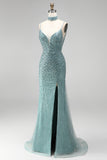 Sparkly Grey Green V-Neck Beaded Mermaid Long Prom Dress with Slit