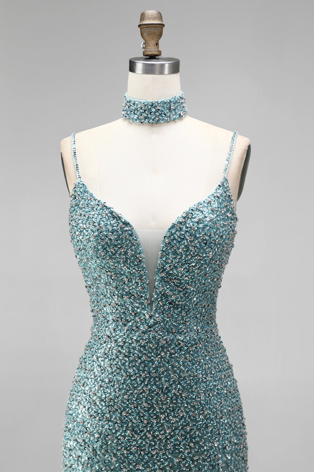Sparkly Grey Green V-Neck Beaded Mermaid Long Prom Dress with Slit