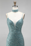 Sparkly Grey Green V-Neck Beaded Mermaid Long Prom Dress with Slit