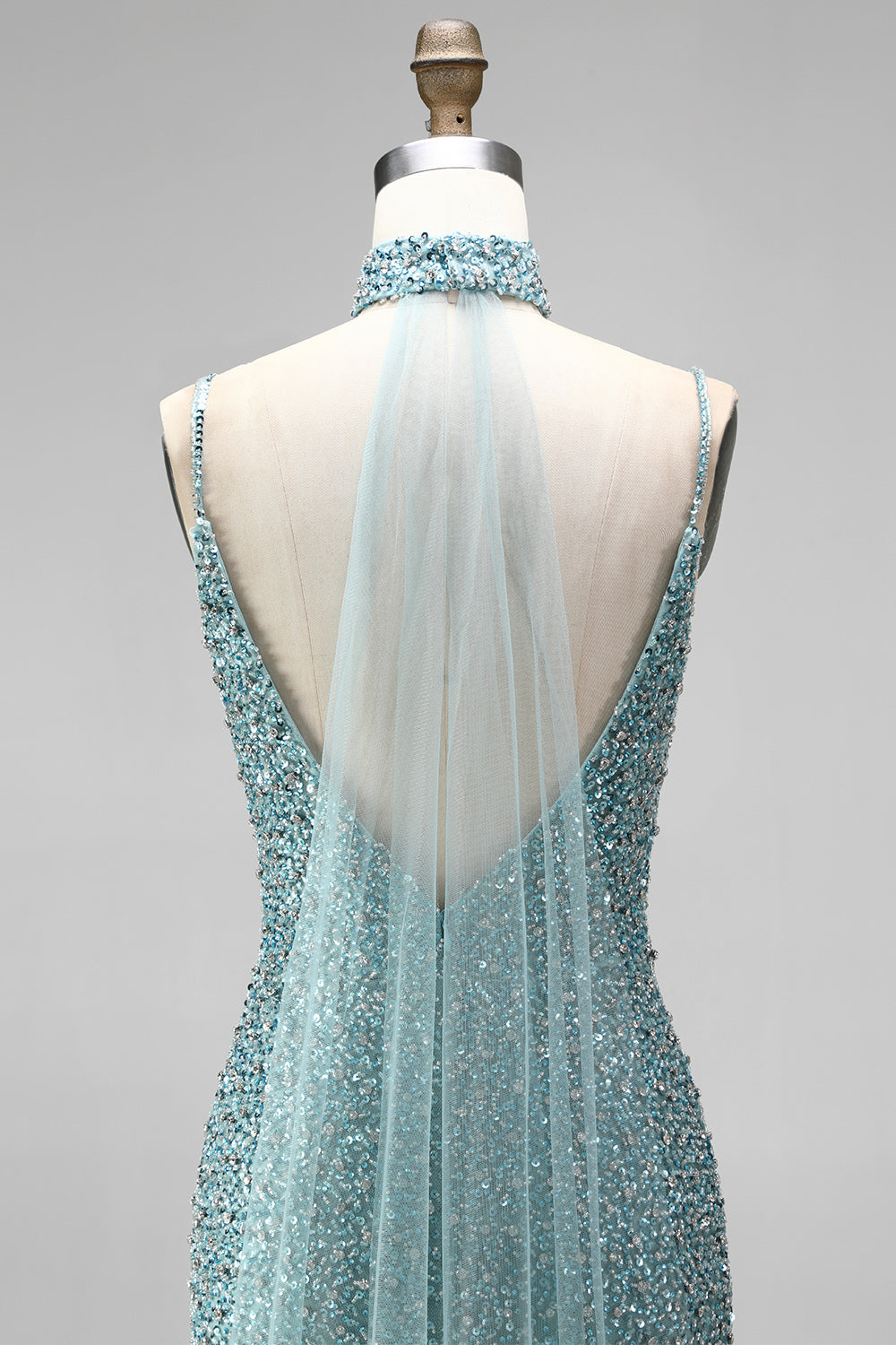 Sparkly Grey Green V-Neck Beaded Mermaid Long Prom Dress with Slit