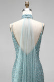 Sparkly Grey Green V-Neck Beaded Mermaid Long Prom Dress with Slit