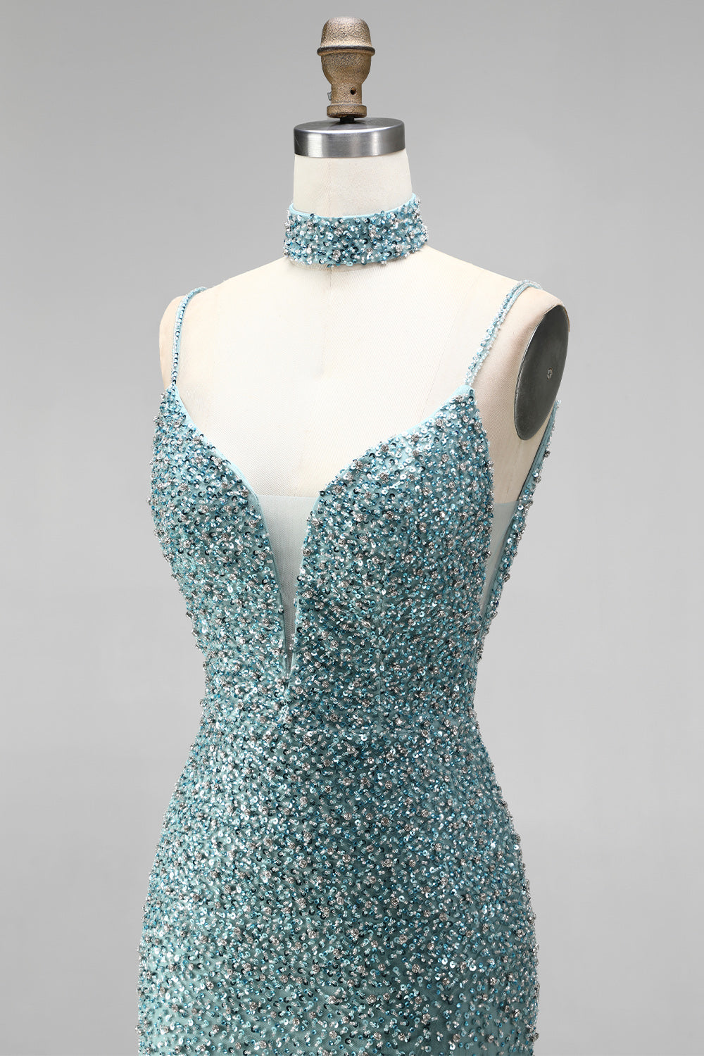 Sparkly Grey Green V-Neck Beaded Mermaid Long Prom Dress with Slit