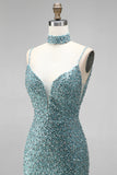 Sparkly Grey Green V-Neck Beaded Mermaid Long Prom Dress with Slit