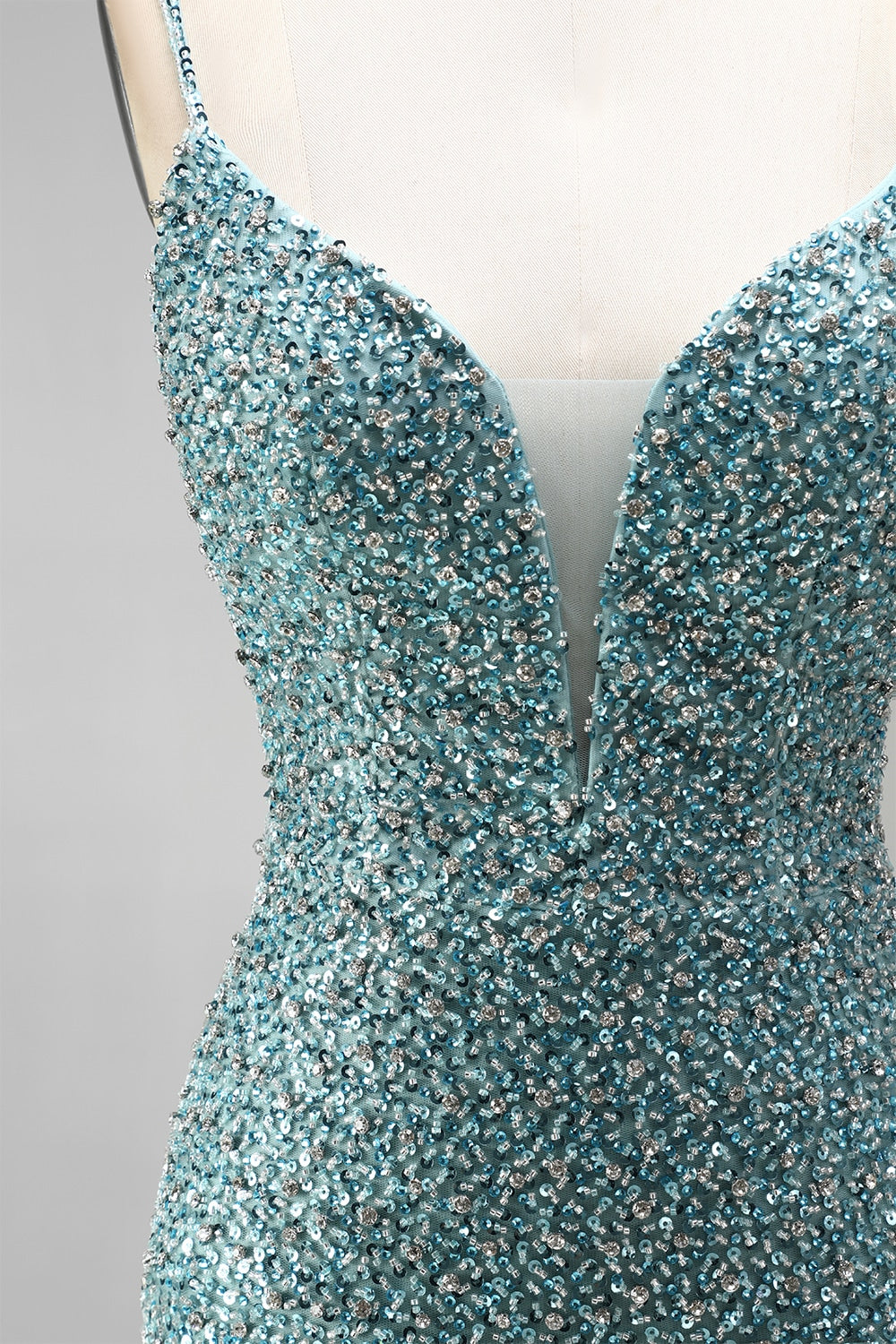 Sparkly Grey Green V-Neck Beaded Mermaid Long Prom Dress with Slit