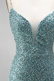 Sparkly Grey Green V-Neck Beaded Mermaid Long Prom Dress with Slit