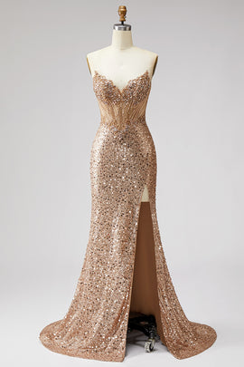 Sparkly Golden Sequin Mermaid Corset Sweetheart Long Prom Dress with Slit