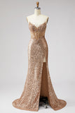 Sparkly Golden Sequin Mermaid Corset Sweetheart Long Prom Dress with Slit