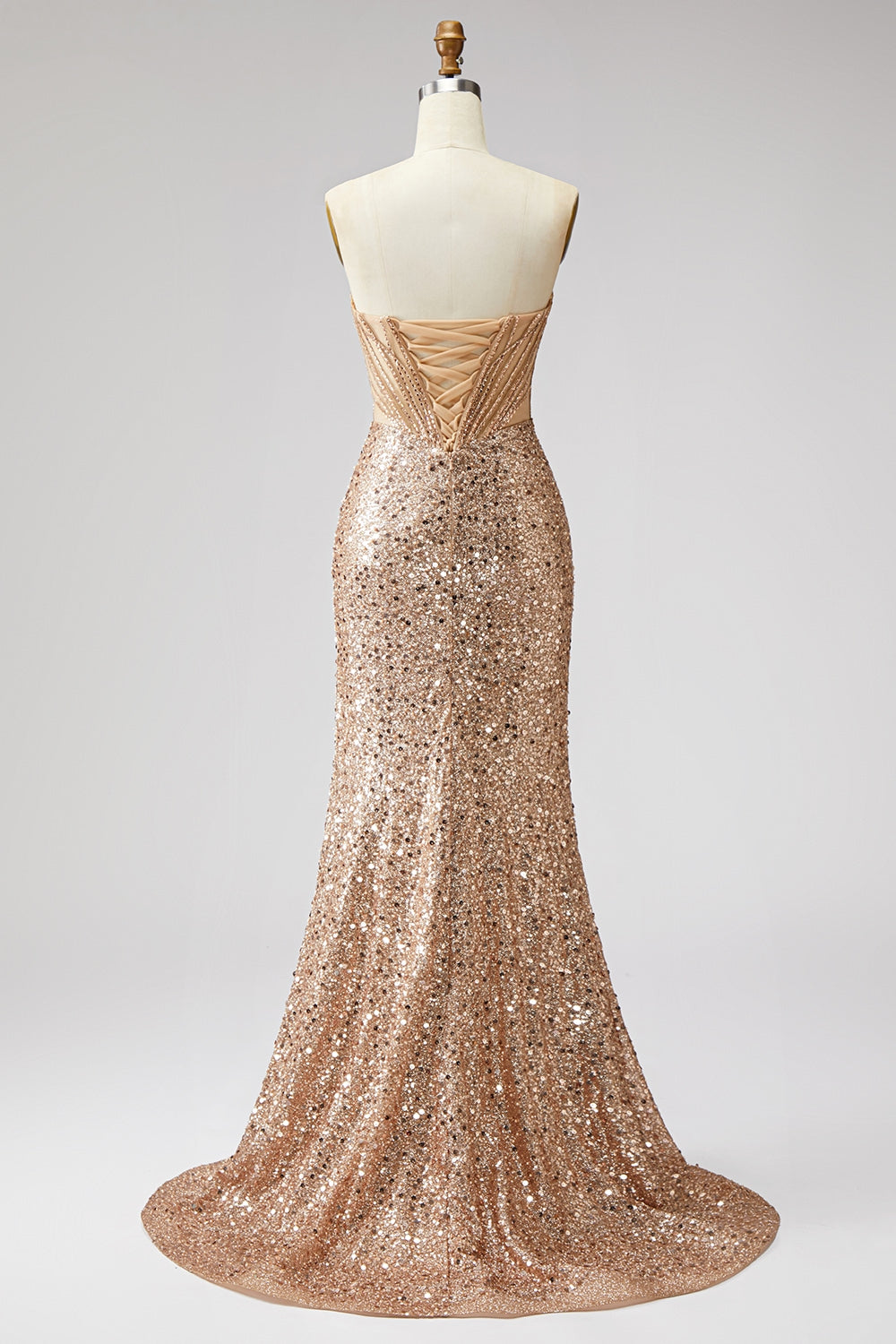 Sparkly Golden Sequin Mermaid Corset Sweetheart Long Prom Dress with Slit