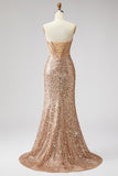 Sparkly Golden Sequin Mermaid Corset Sweetheart Long Prom Dress with Slit
