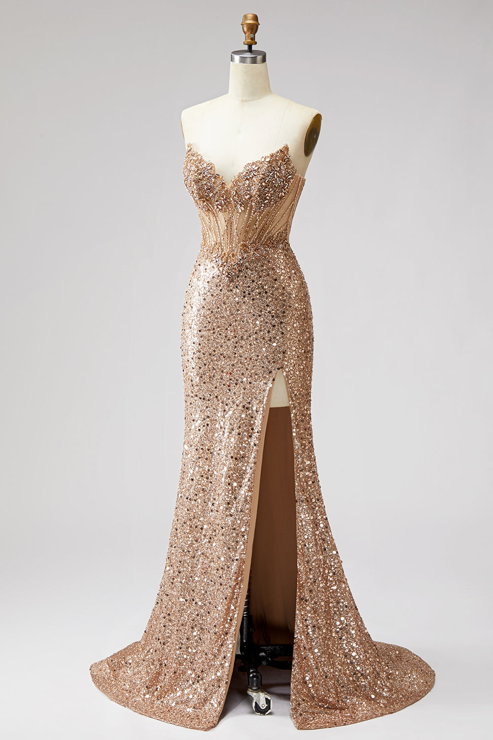 Sparkly Golden Sequin Mermaid Corset Sweetheart Long Prom Dress with Slit