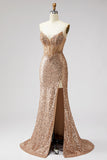 Sparkly Golden Sequin Mermaid Corset Sweetheart Long Prom Dress with Slit