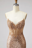 Sparkly Golden Sequin Mermaid Corset Sweetheart Long Prom Dress with Slit