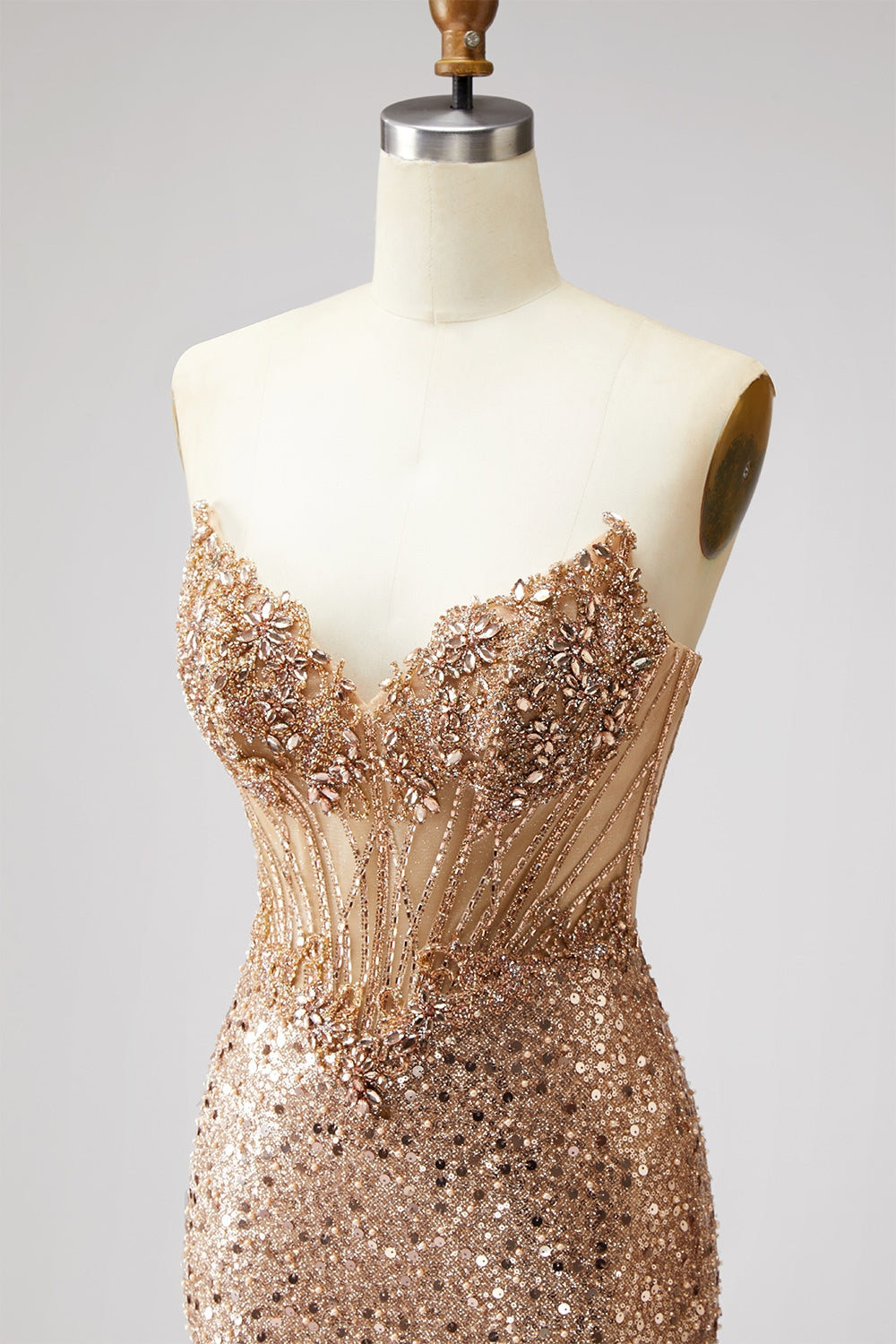 Sparkly Golden Sequin Mermaid Corset Sweetheart Long Prom Dress with Slit
