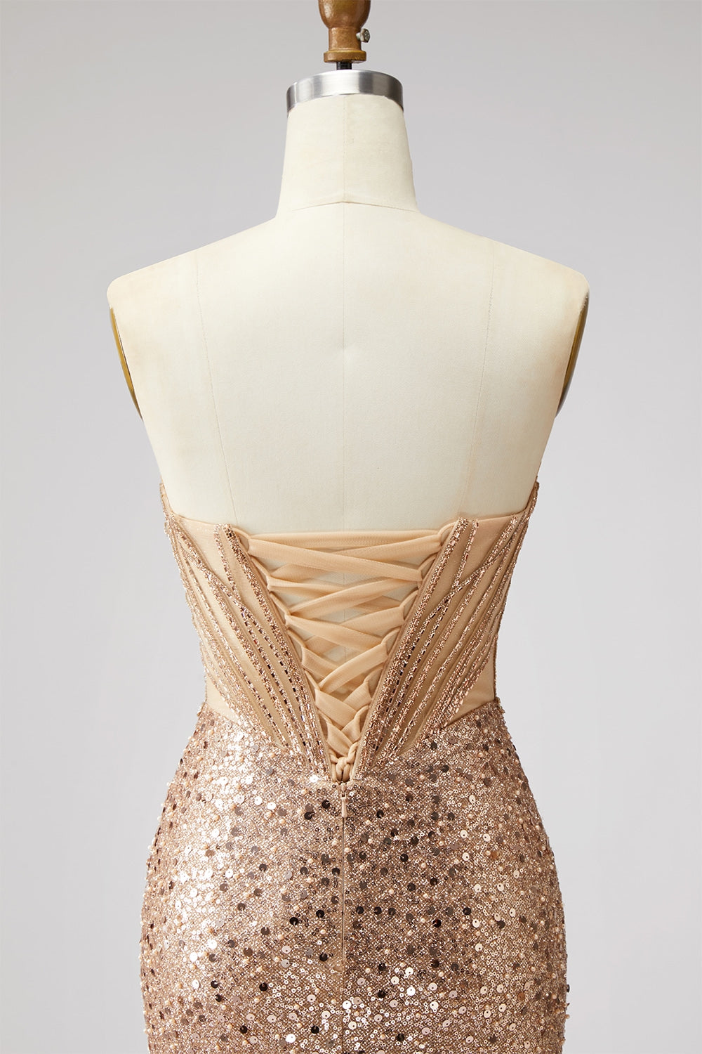 Sparkly Golden Sequin Mermaid Corset Sweetheart Long Prom Dress with Slit