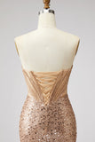 Sparkly Golden Sequin Mermaid Corset Sweetheart Long Prom Dress with Slit