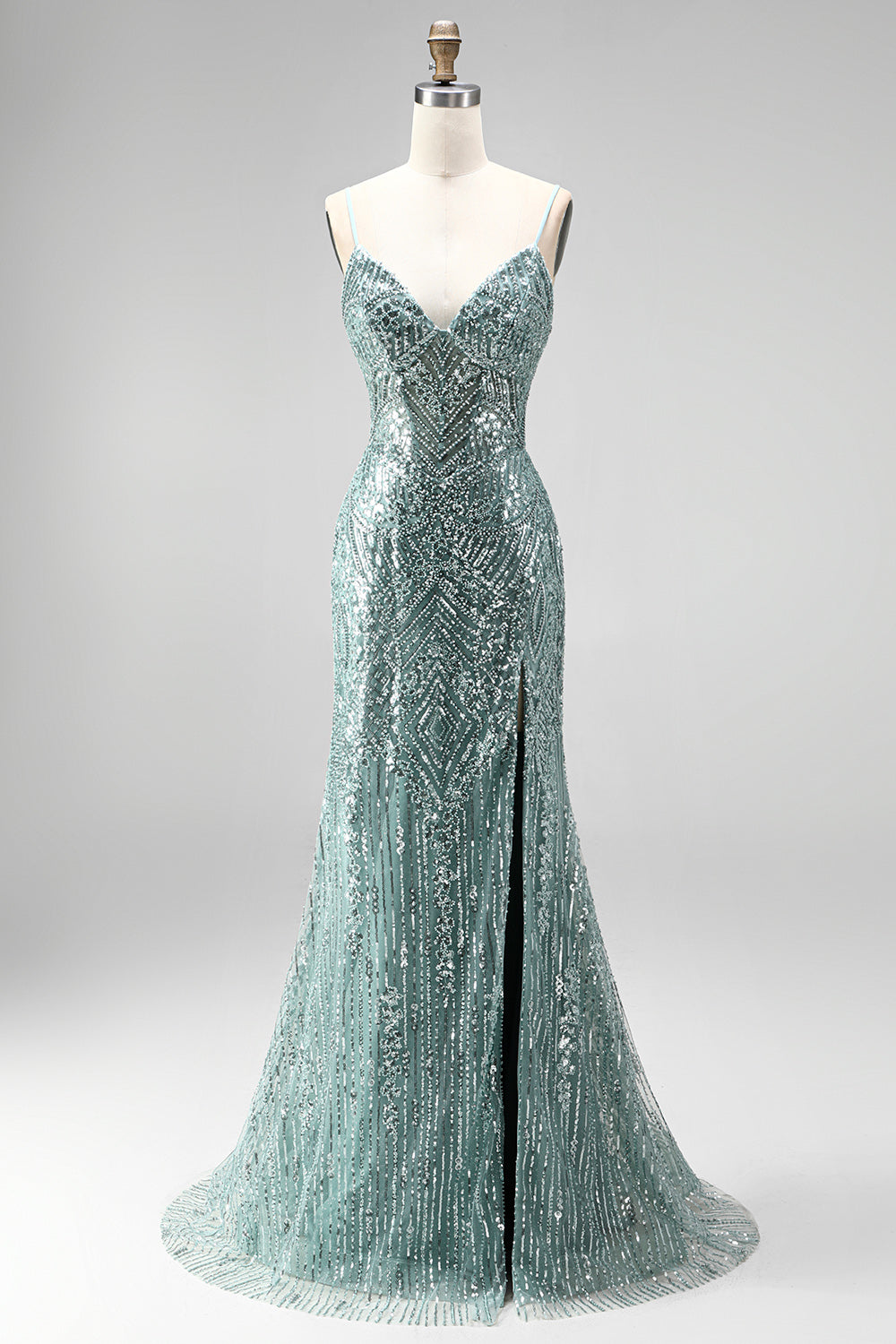 Sparkly Dusty Green Sequins Mermaid Beaded Long Prom Dress with Slit
