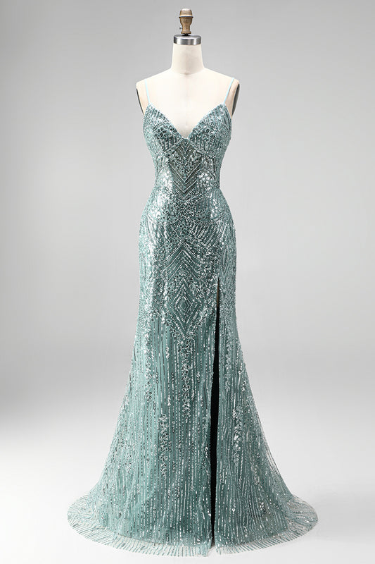 Sparkly Dusty Green Sequins Mermaid Beaded Long Prom Dress with Slit