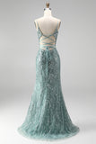Sparkly Dusty Green Sequins Mermaid Beaded Long Prom Dress with Slit