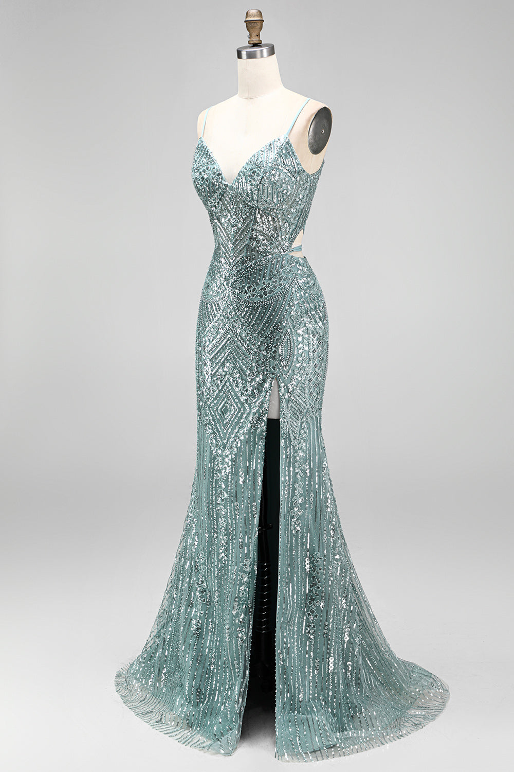 Sparkly Dusty Green Sequins Mermaid Beaded Long Prom Dress with Slit