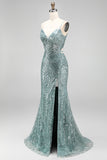 Sparkly Dusty Green Sequins Mermaid Beaded Long Prom Dress with Slit