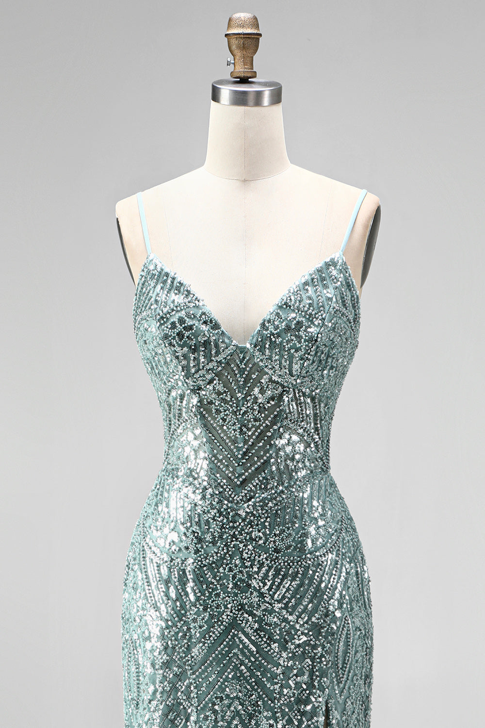 Sparkly Dusty Green Sequins Mermaid Beaded Long Prom Dress with Slit