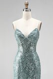 Sparkly Dusty Green Sequins Mermaid Beaded Long Prom Dress with Slit