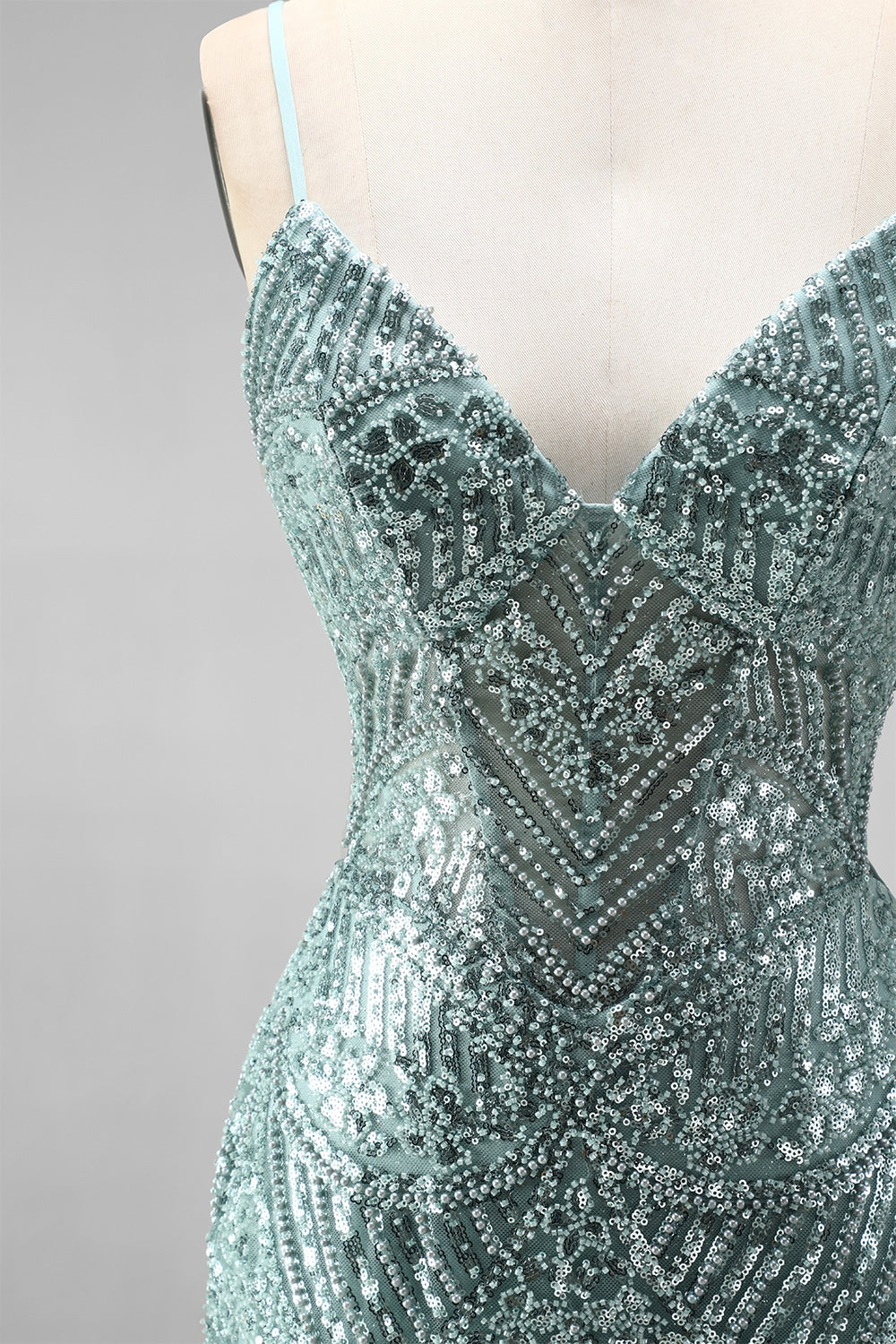 Sparkly Dusty Green Sequins Mermaid Beaded Long Prom Dress with Slit