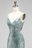 Sparkly Dusty Green Sequins Mermaid Beaded Long Prom Dress with Slit