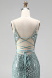 Sparkly Dusty Green Sequins Mermaid Beaded Long Prom Dress with Slit