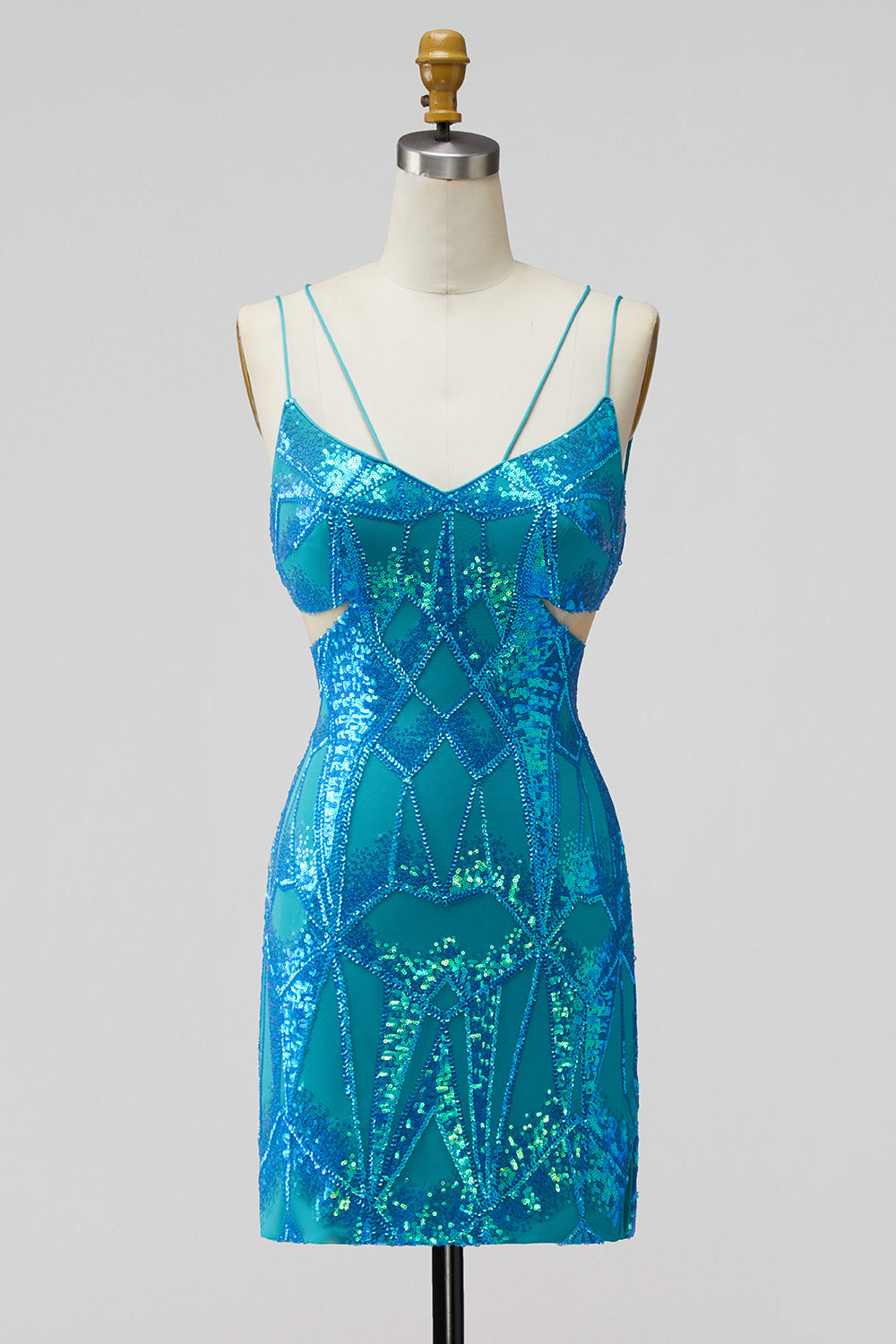 Sparkly Turquoise Tight Cut Out Short Sequin Homecoming Dress