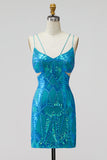 Sparkly Turquoise Tight Cut Out Short Sequin Homecoming Dress