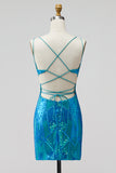 Sparkly Turquoise Tight Cut Out Short Sequin Homecoming Dress