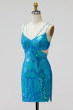 Sparkly Turquoise Tight Cut Out Short Sequin Homecoming Dress