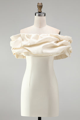 Ivory Tight Off the Shoulder Ruffled Satin Short Graduation Homecoming Dress
