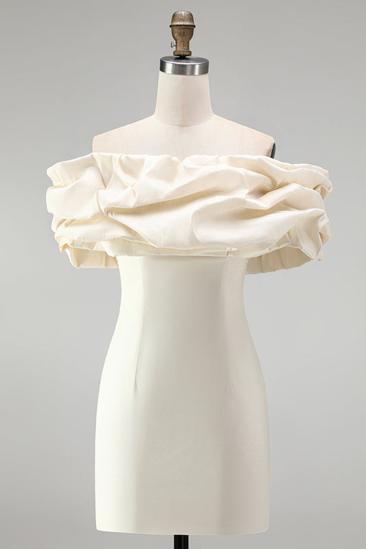 Ivory Tight Off the Shoulder Ruffled Satin Short Graduation Homecoming Dress