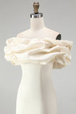 Ivory Tight Off the Shoulder Ruffled Satin Short Graduation Homecoming Dress