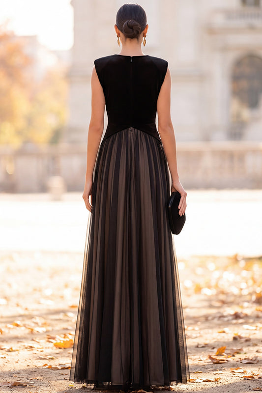 Simple A-Line V-Neck Black Velvet Pleated Long Formal Dress
