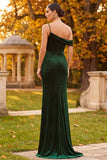 Sparkly Dark Green Velvet Ruched One Shoulder Long Holiday Party Dress with Slit