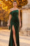 Sparkly Dark Green Velvet Ruched One Shoulder Long Holiday Party Dress with Slit