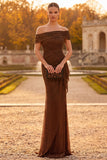 Sparkly Beaded Coffee Ruched Sheath Off the Shoulder Long Formal Dress