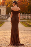 Sparkly Beaded Coffee Ruched Sheath Off the Shoulder Long Formal Dress