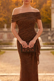 Sparkly Beaded Coffee Ruched Sheath Off the Shoulder Long Formal Dress