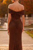 Sparkly Beaded Coffee Ruched Sheath Off the Shoulder Long Formal Dress