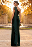 Dark Green One Shoulder Ruched Long Velvet Holiday Party Dress with Sash