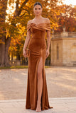 Brown Velvet Mermaid Off the Shoulder Long Holiday Party Dress with 3D Flower